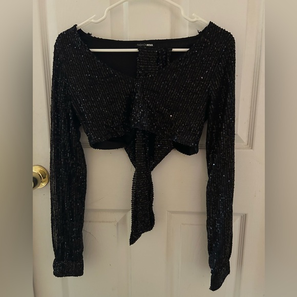 Fashion Nova Black Sequin Wrap-Around Blouse & Sequin Pant Set: Size Medium - Picture 1 of 7
